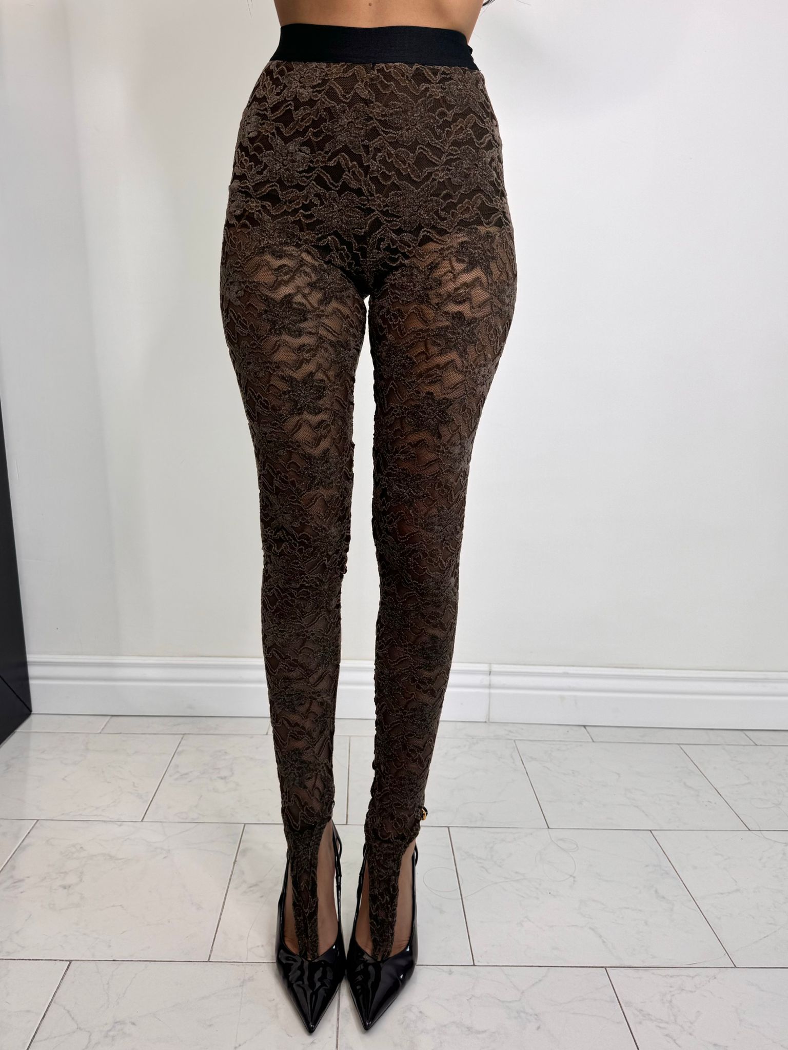 Leggings pizzo marrone