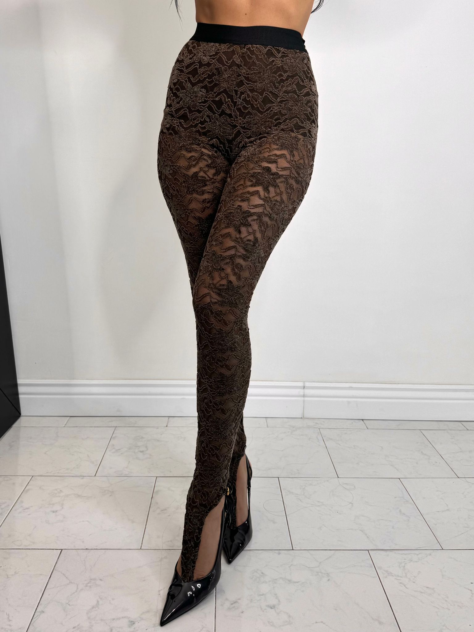 Leggings pizzo marrone