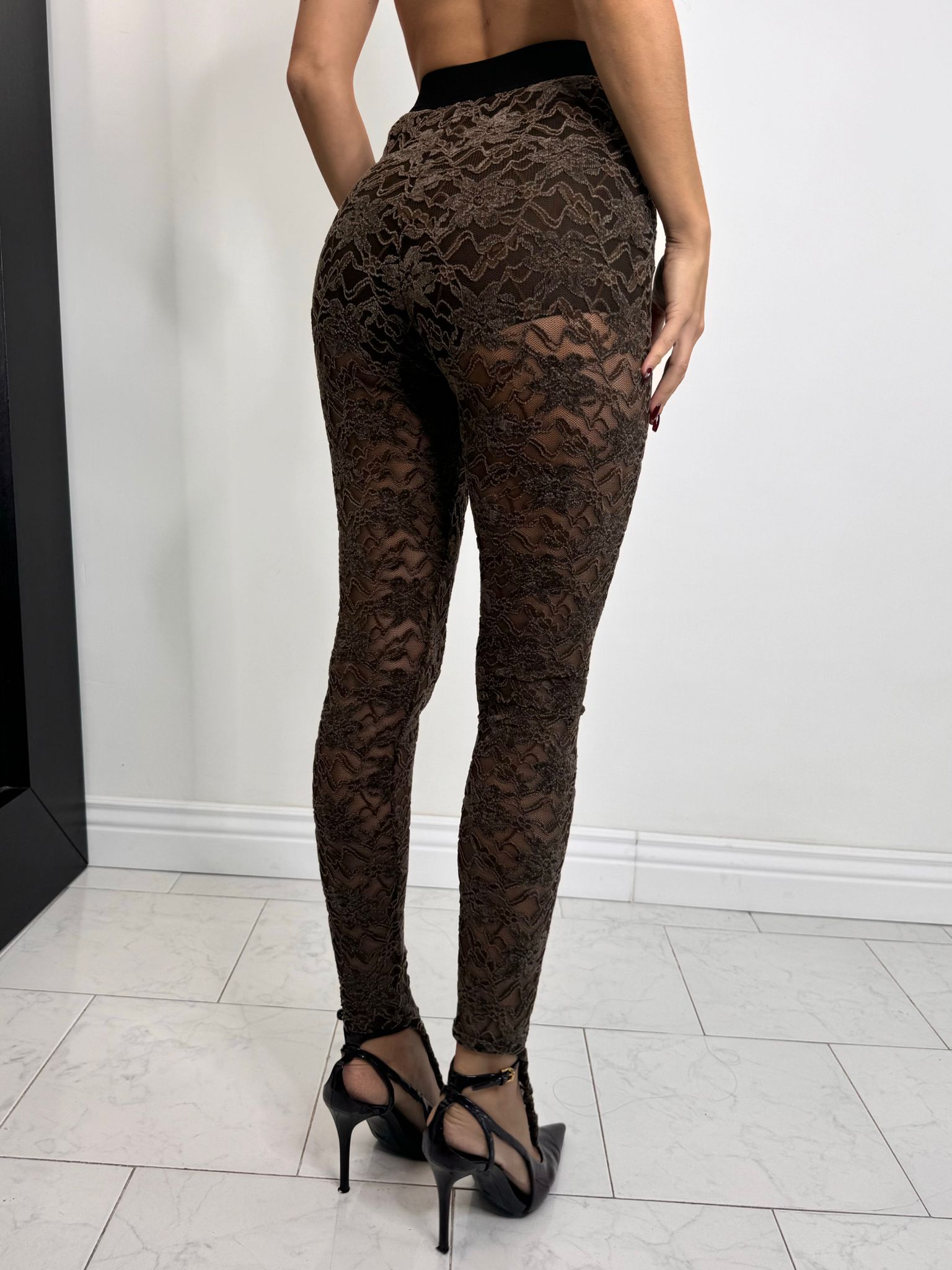 Leggings pizzo marrone