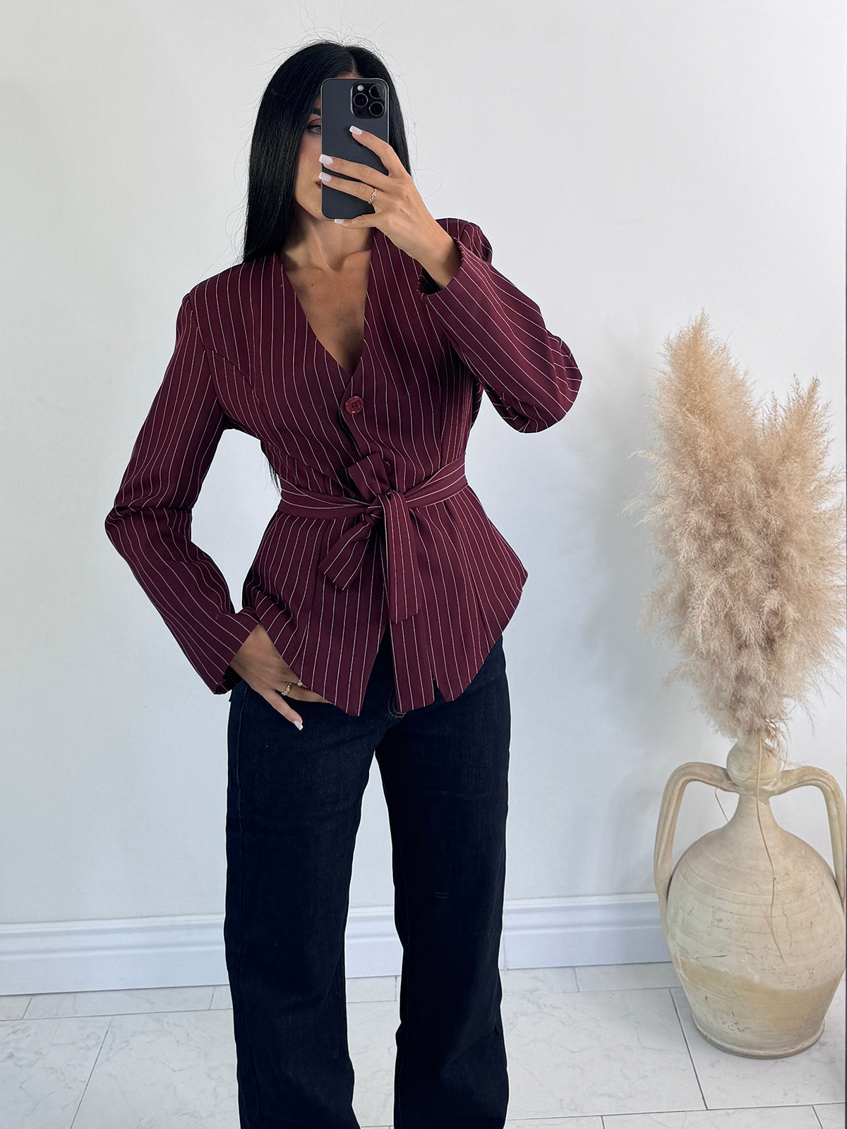 Giacca gessata bordeaux
