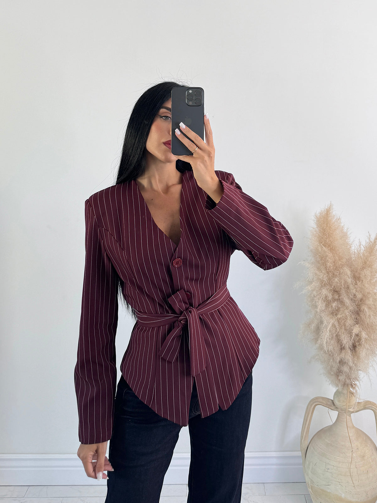 Giacca gessata bordeaux